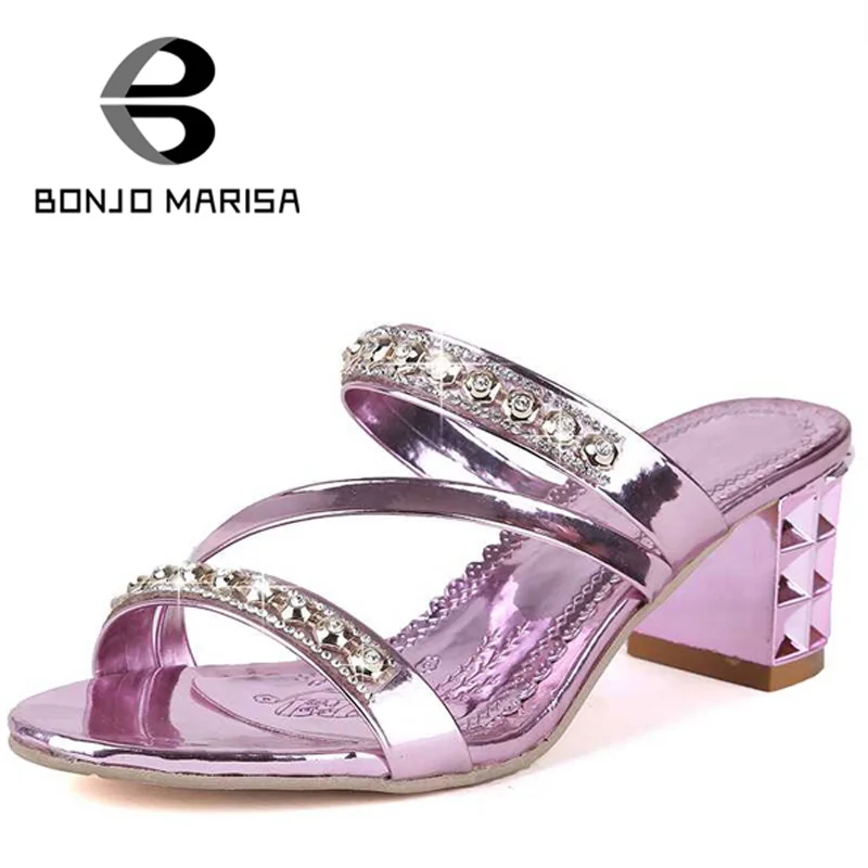 BONJOMARISA Rhinestone Chunky Medium Heels Summer Shoes Woman Open Toe Mules 2017 Fashion big size 34