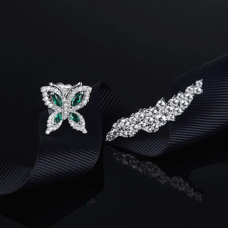 Ins-APM original asymmetric 925 sterling silver green diamond butterfly flower shape earrings fashion ear nail jewelry | Украшения и