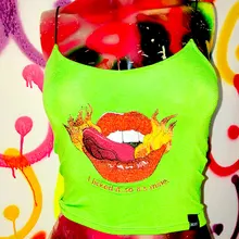 Сексуальный губы вышивка unif короткий топ, бюстгальтер без косточек зеленый летний топ на бретелях для женщин уличная футболка Повседневная camiseta mujer