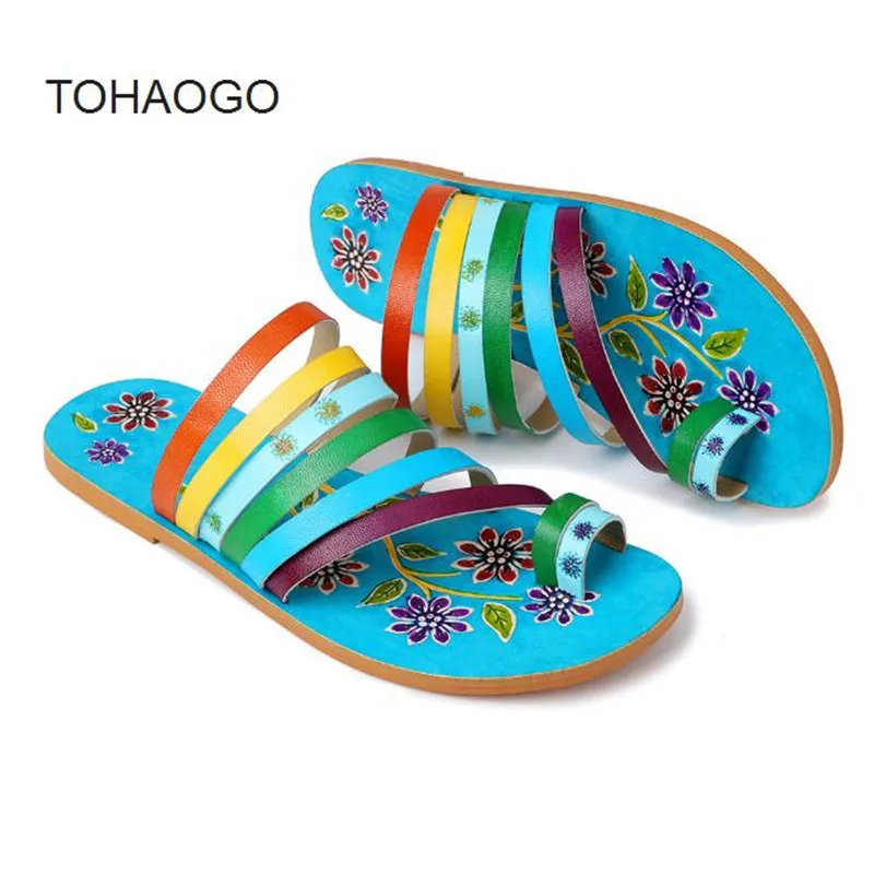 

Summer bohemian multicolor striped leather flat with casual Women's slippers Clip toe sandals Flip Flops beach shoe