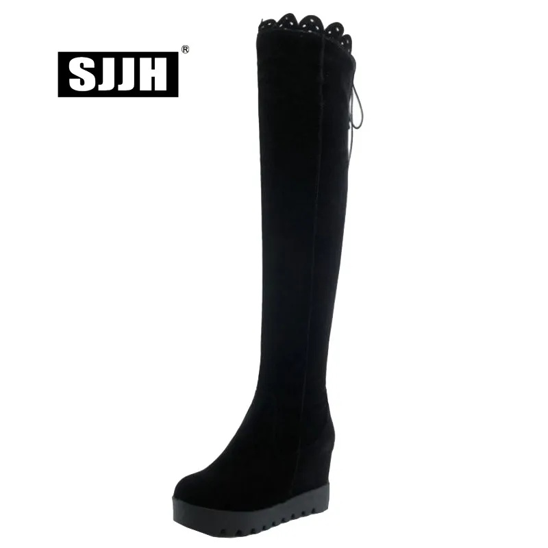 

SJJH Women Nubuck Long Boots with Round Toe Platform Short Plush Over-the-Knee Boots Autumn Fashion Roman Shoes Large Size A1046