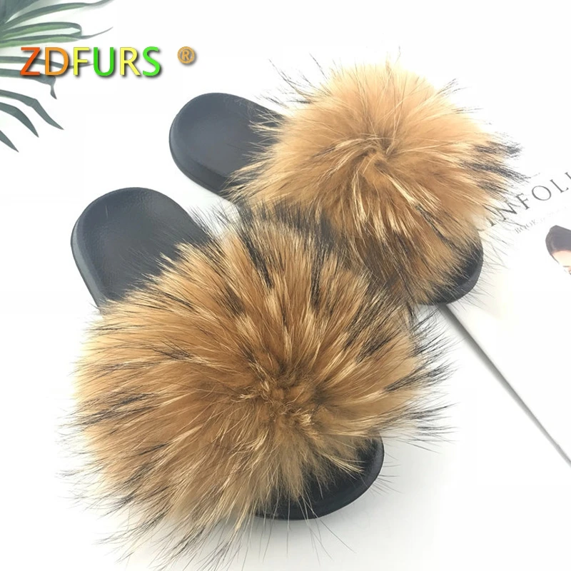 ZDFURS* New Arrivals Real Raccoon Fur Slippers Women Fluffy Fur Slides Spring Autumn Winter Indoor Outdoor Shoes