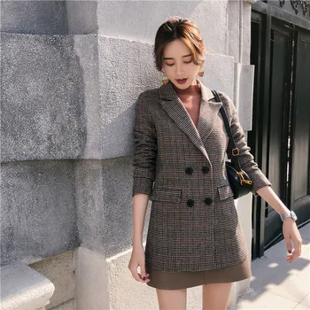 

Autumn winter woman Vintage plaid suit jacket straight casual woolen jacket Suit Plaid Slim Blazer woman Plaid wool suit Female