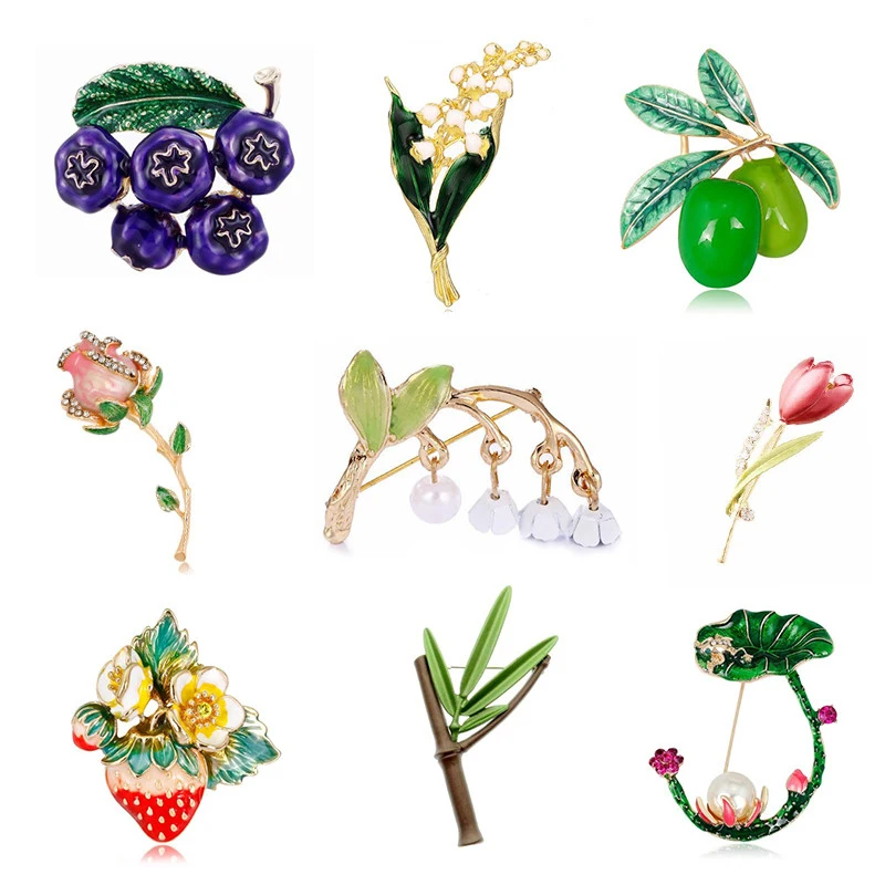 

Enamel Strawberry Eggplant Lily of the Valley Carnation Bouquet Flower Brooches Vivid Bamboo Lotus Hijab Pins Accessories Brosh