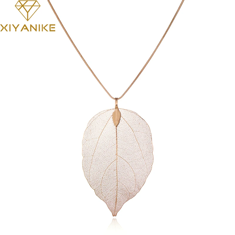 

XIYANIKE Long Unique Real True Leaf Maxi Necklace For Women Jewelry Rose Gold Color Collares Necklaces & Pendants Gift N328
