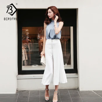 

2018 Summer New fashion Elegant Slim Sleeveless Coats And Ankle-Length Pants Blue And White Two-Piece Suit Hots Sale S81201L