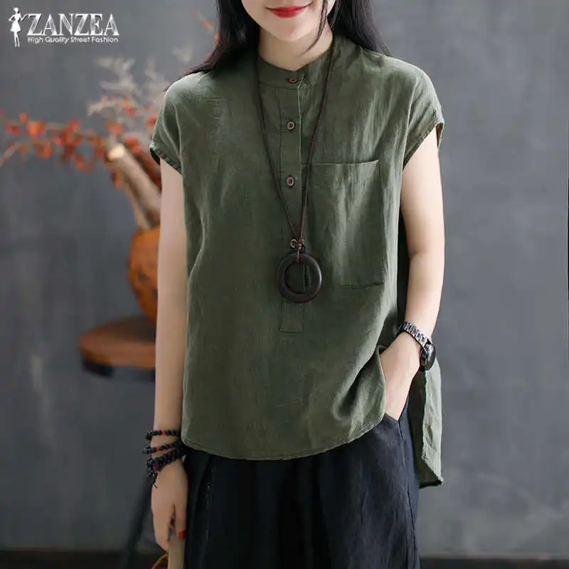 Женская летняя блузка, ZANZEA, рабочая блуза, льняная рубашка, кафтан, повседневная, короткий рукав, топы, одноцветная, Camisas Mujer, размера плюс, туника - Цвет: Армейский зеленый