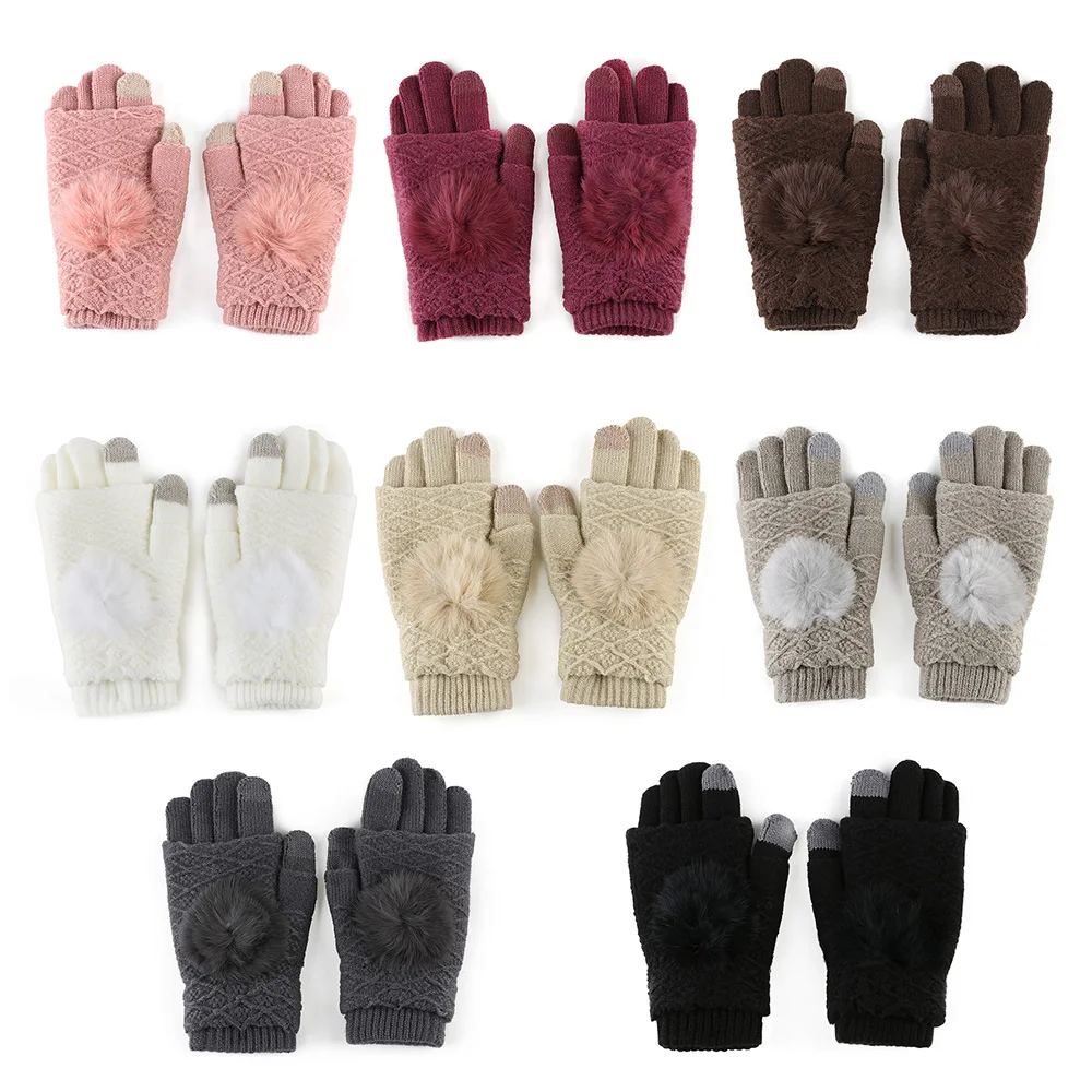 Женские съемные двухслойные зимние перчатки, Женские теплые меховые перчатки без пальцев с помпонами, кашемировые вязаные варежки