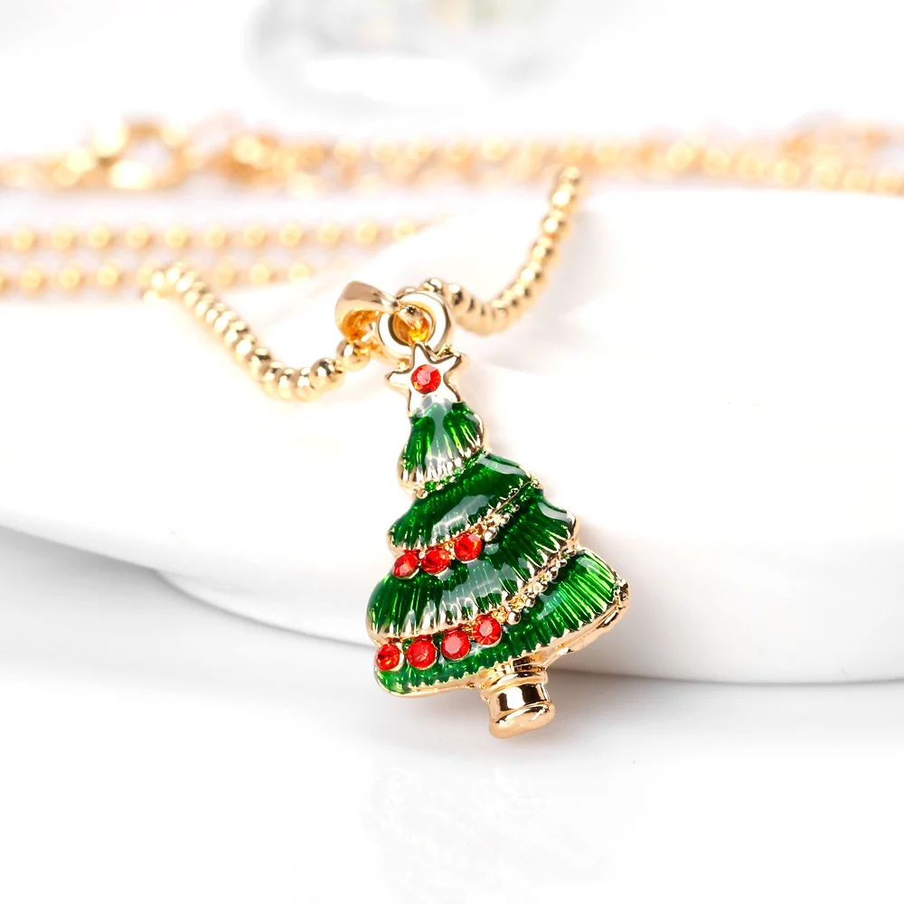 Women Fashion Designer Gold Filled Pendant Necklace Metal With Stone Green Enamel Christmas Tree Crystal Necklace Wholesale (5)