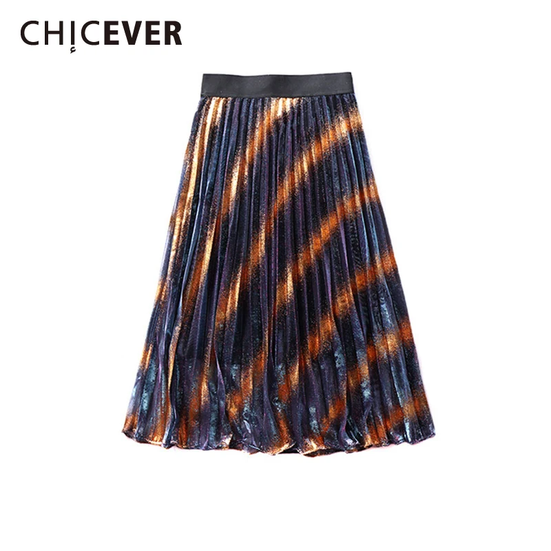 CHICEVER летняя винтажная хит цветная полосатая Женская юбка эластичная высокая талия плиссированная до середины икры тонкая женская юбка модная новинка