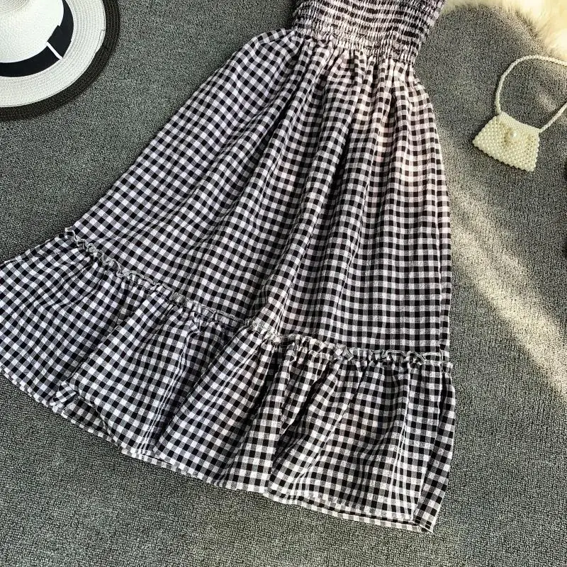 Slim Ladies Ruffles Vintage Plaid Print 2020 Sexy Summer Midi Dress Party Spaghetti Strap Women Casual Beach Elegant Vestidos