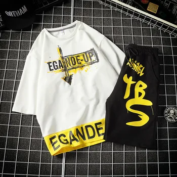 

2019 Summer Trend New Product Explosion Color Matching Five Pants Youth Loose Short Sleeves A Set Of Clothes Casual Suit