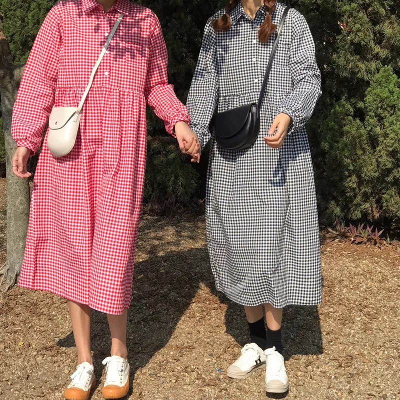 

2 colors spring and autumn classical style loose plaid long sleeve dresses womens long shirt dress womens (C6310)