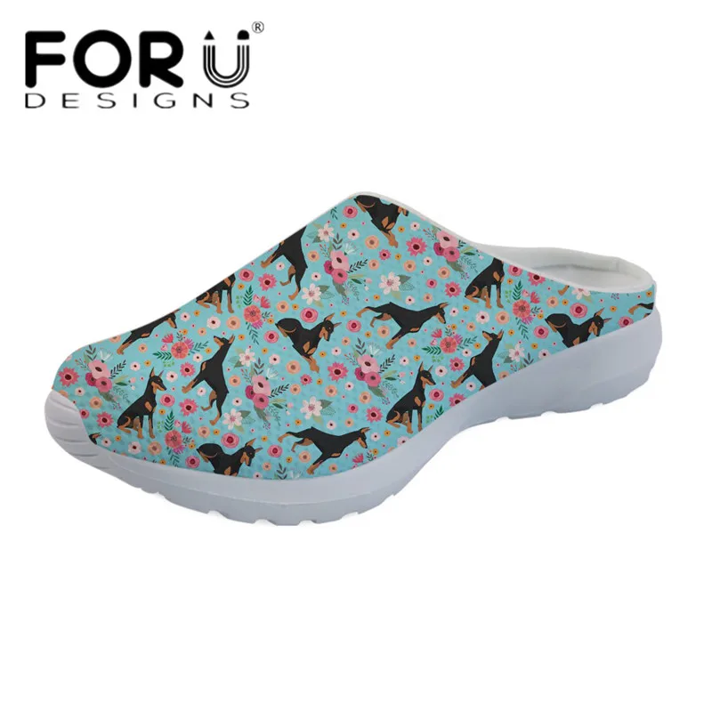 

FORUDESIGNS Casual Summer Beach Sandals Women Doberman Flower Print Slip-on Slippers Female Loafers Mesh Breathable Water Shoes