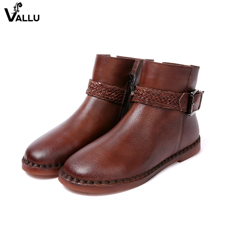 

Woven Belt Buckle Women' s Boots Low Cut Cow Leather Female Ankle Short Booties Zipper Vintage Style Sewing Lady Shoes