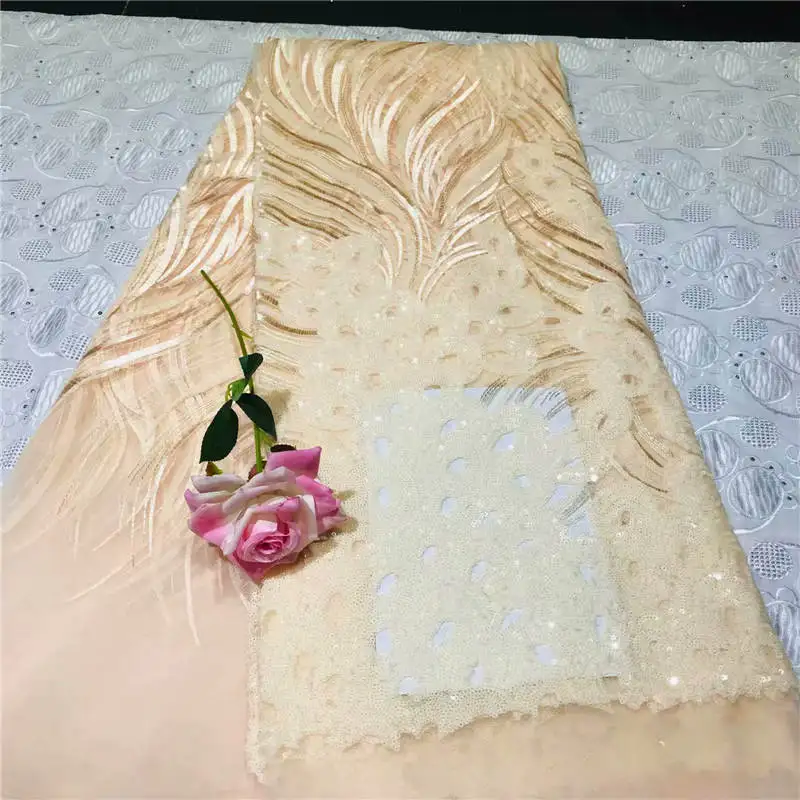 

YJ!Amazing sequins lace fabric Nigerian Gold fabric high quality African tulle lace Sequins fabric for Evening Dresses ! L31819