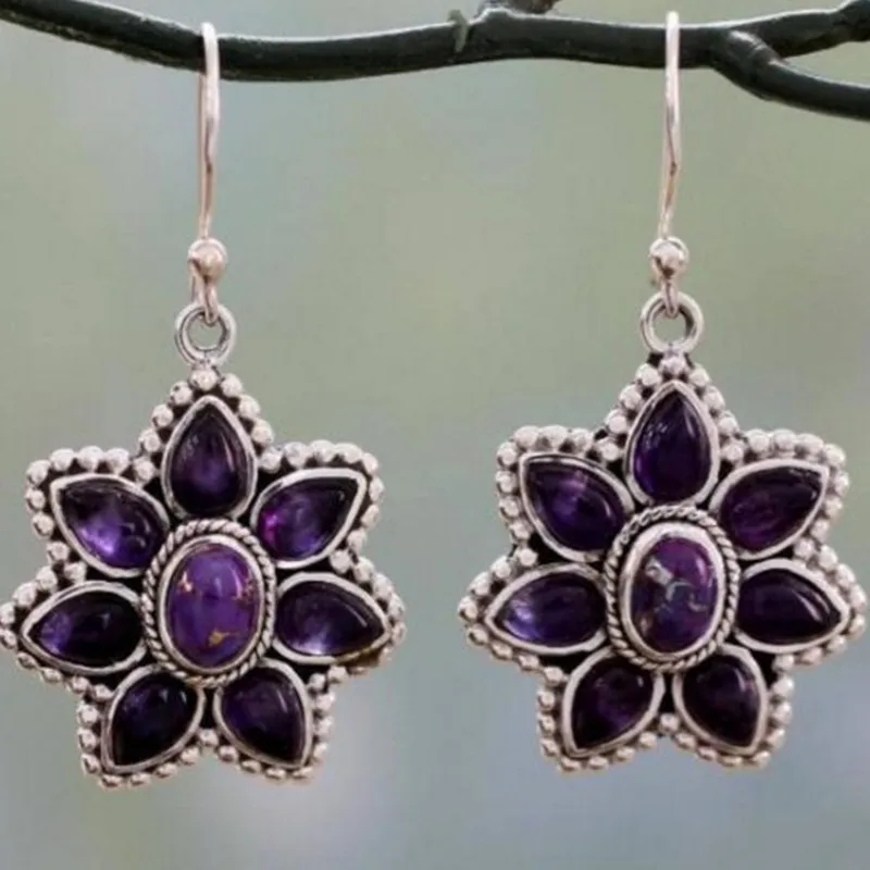 

8Seasons Ethnic Style Female Drop Earrings Purple Plastic Flower Shaped Vintage Fashion Dangle Earrings Wedding Party Jewelry