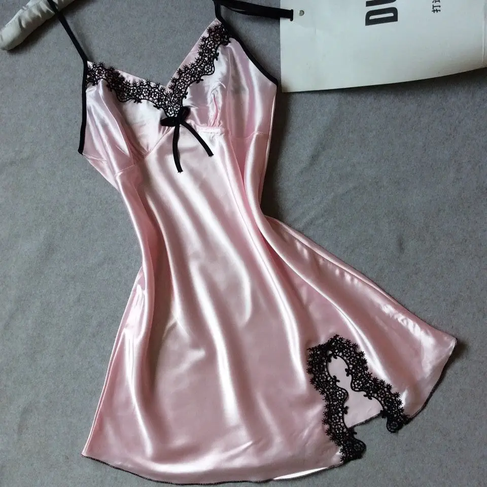 Jyf бренд Демисезонный, шелковое платье с кружевами Для женщин кокетливое ночное белье платье трусы сексуальный глубокий v-образный вырез ночная сорочка ночная рубашка