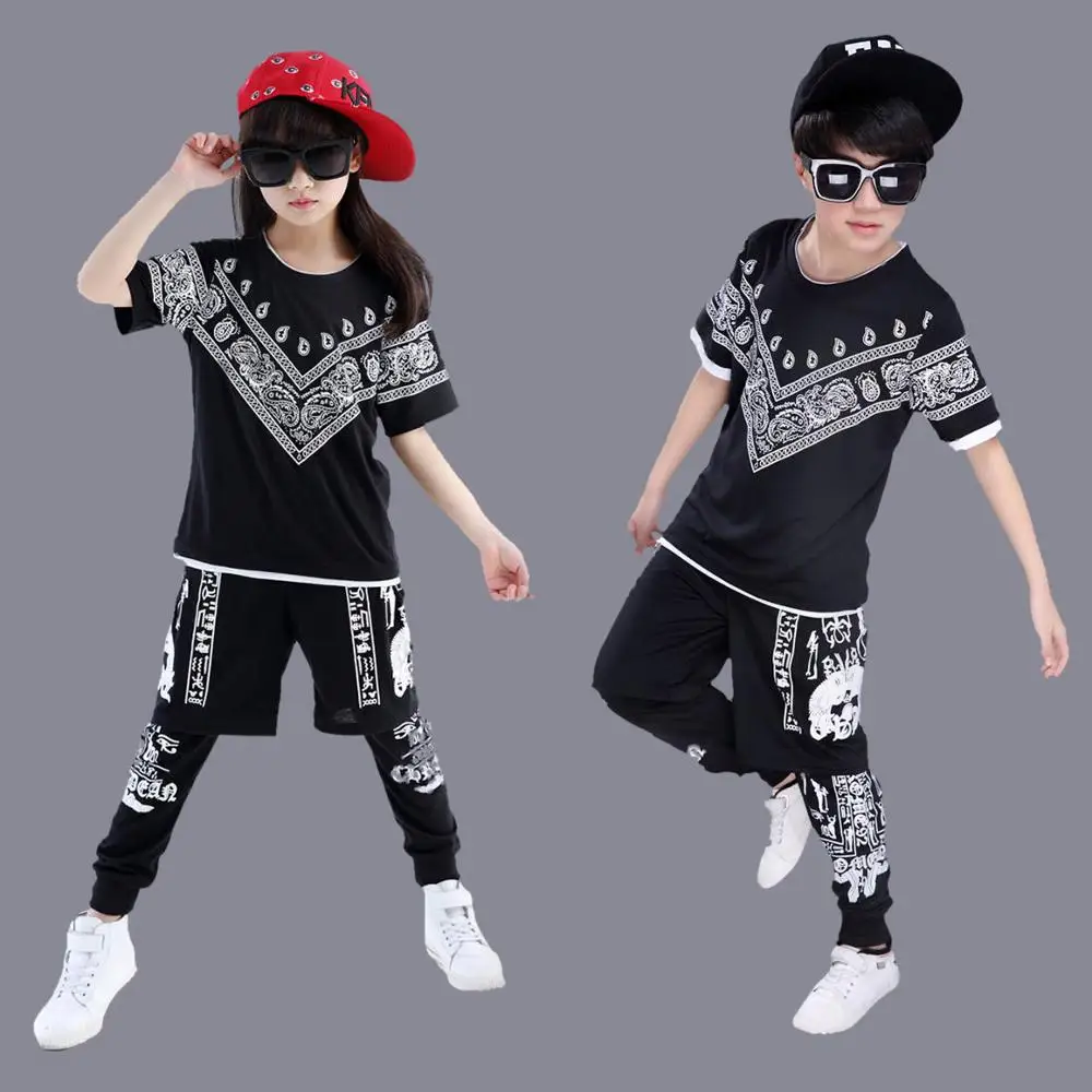 

Black Print Hip Hop Dance Clothes For Teens Boys Gilrs Skateboard Streetwear Children Sport Set 4 6 8 10 12 14 16 18 Years