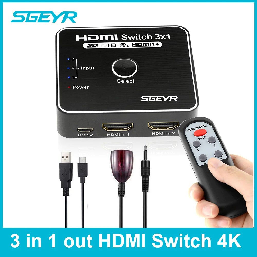 

SGEYR 3 Port HDMI Switch 3 Input 1 Output 4K HDMI Switcher Switch with IR Remote Control for PC Laptop XBOX 360 PS3 PS4