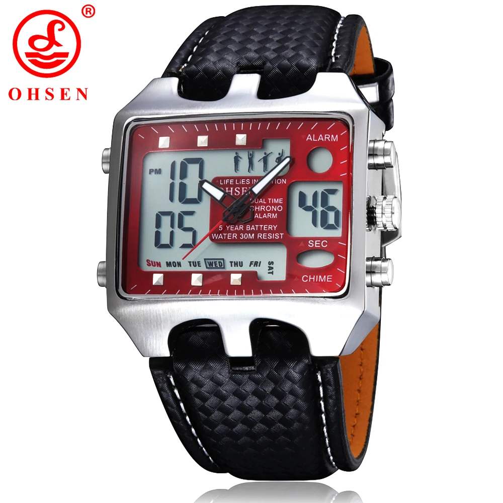 New OHSEN Men s Sports Watches Outdoor Military Watch Red Dial Black Leather Strap Casual Dress