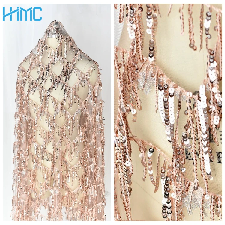 

New Sequin tassel Fabric Yarn embroidery Wedding clothing Diy fabric dress evening dress Lace fabrics sewing fabric Designer