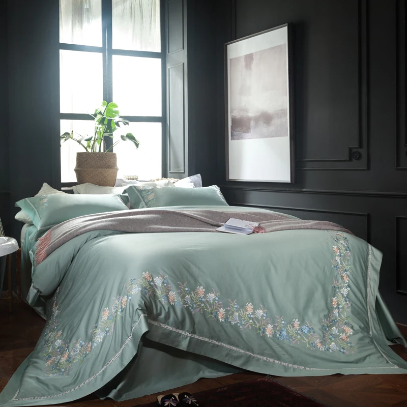 Light Green Flower Embroidery 60s Egyptian Cotton Luxury Bedding