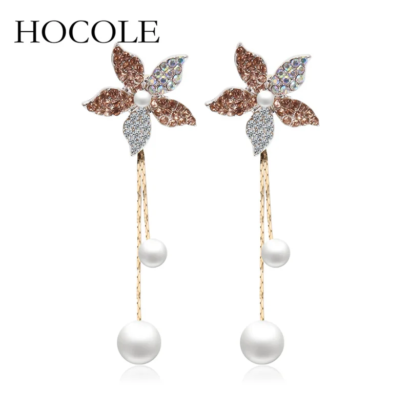 

HOCOLE New Arrive Alloy Rhinestone Flower Earrings Romantic Simulated Pearl Tassel Dangle Earrings for Women Wedding Jewelry