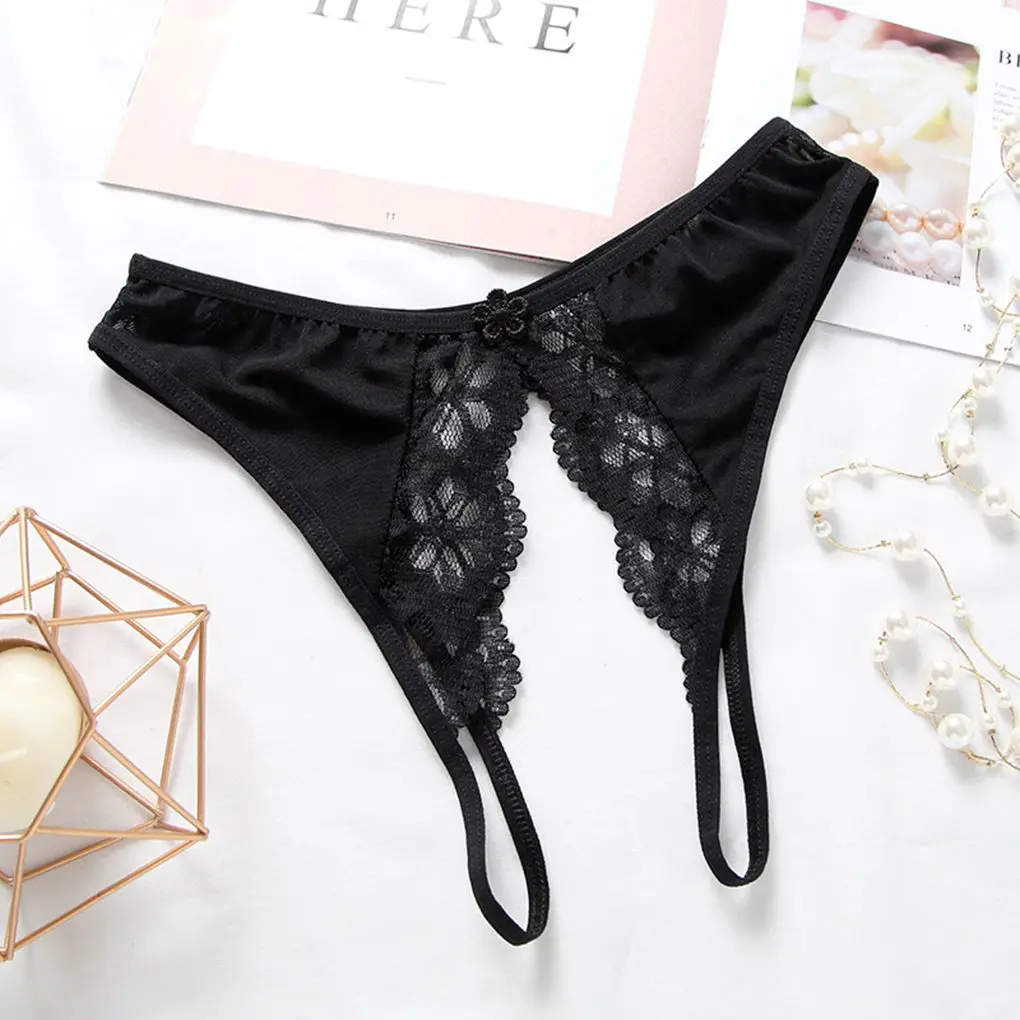 

Women Ladies Sexy See Through Lace Pure Color Panties Erotic Crothless Gift Thongs Underwear Lingerie