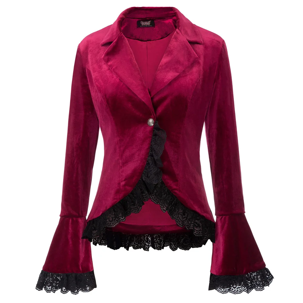 wonderful teampunk Theater Clothing Navy Womens Vintage Coat Tops Outerwear Gothic Victorian 2pcs Set Velvet