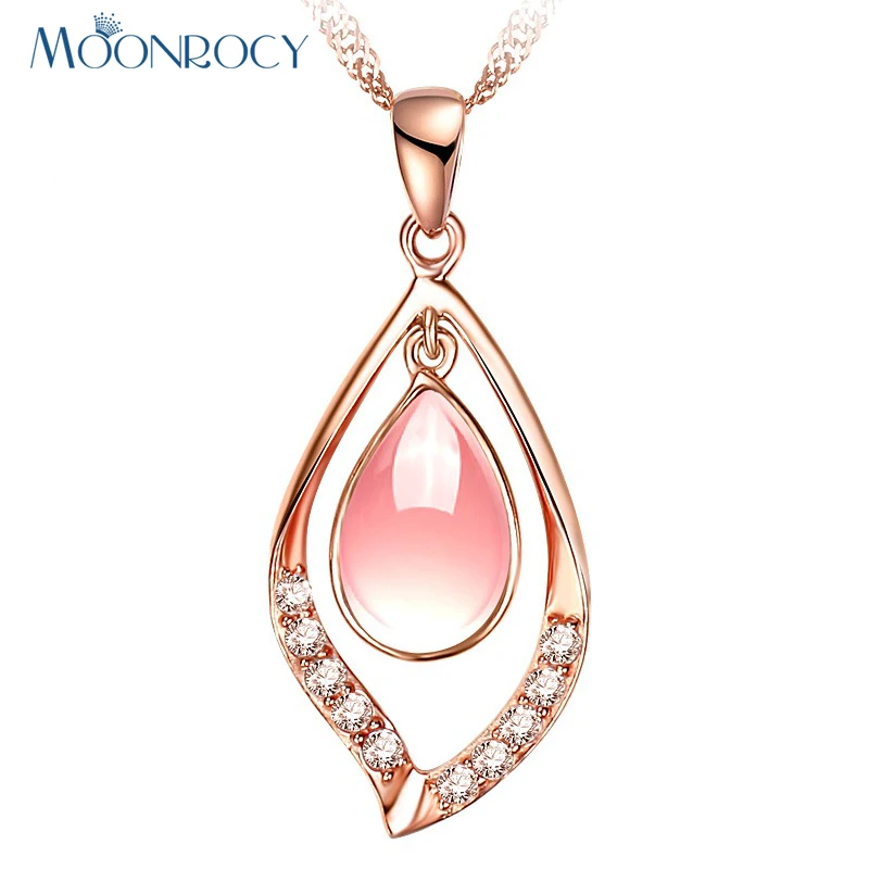 

MOONROCY Drop Shipping Jewelry Rose Gold Color Waterdrop Leaf Ross Quartz CZ Pink Opal Necklace for Women Girls Gift Choker