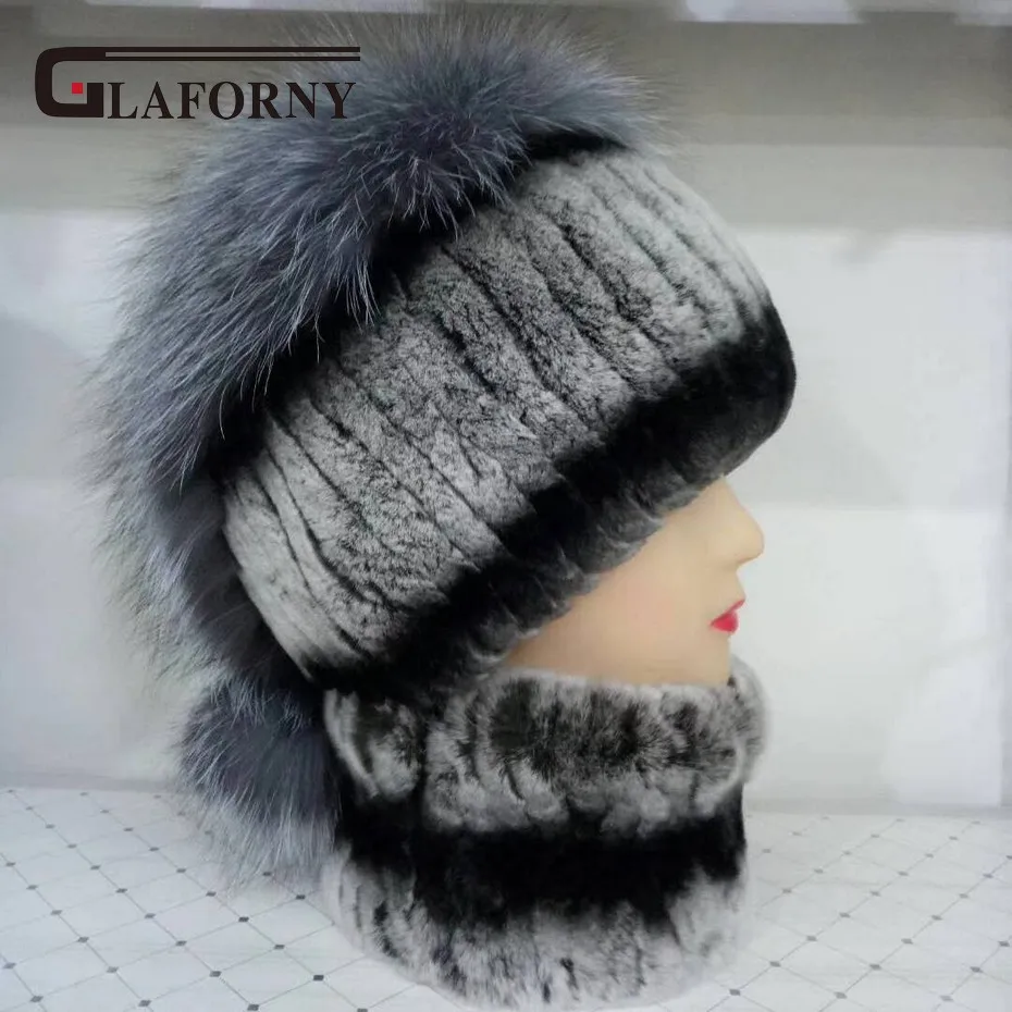 Glaforny Новинка 2018 года для женщин реального кролика рекс мех животных шапка шарф Набор модные шапки с Silver Fox