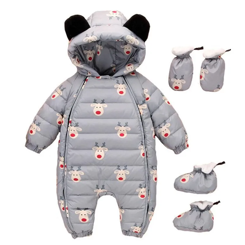 

2 years Baby Kids Warm Thicken Down Romper Jacket for Girls Overalls Clothes Sets and Boys Fashion Winter Print Hooded Jumpsuit
