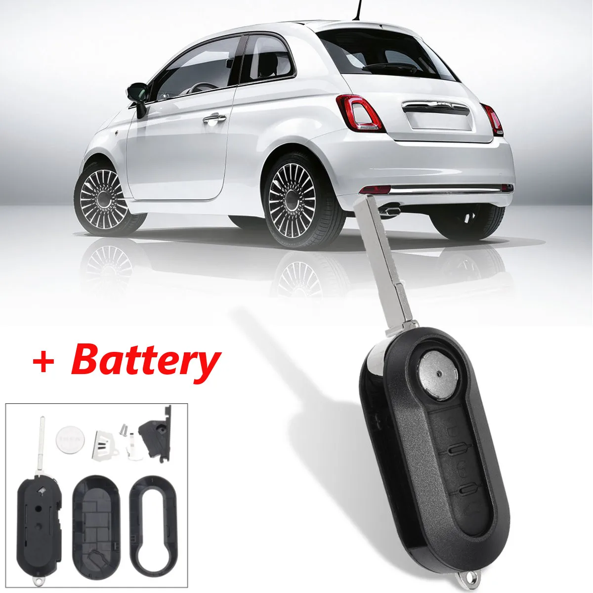 

New 3 Buttons Lock Unlock Trunk Car Remote Flip Key Cover Case Shell w/ Blade&Battery For Fiat 500