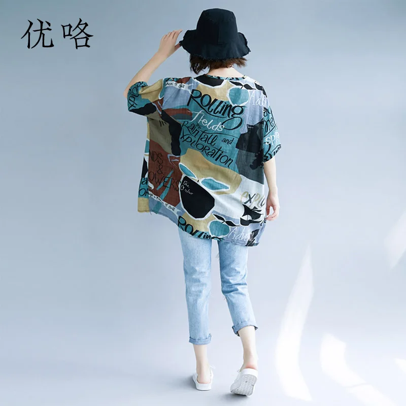 Günstige 2019 sommer Mode Baumwolle Leinen T Hemd Frauen Plus Größe Vintage Abstrakte Kunst Gedruckt T Shirts Weibliche Beiläufige Lose T shirt top