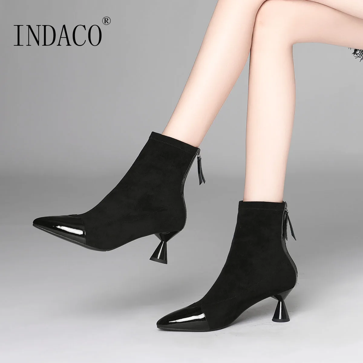 

Women Boots Autumn 2018 Leather Martin Shoes Pointed Toe Stretch Boots Zipper Strange Heel 6.5cm