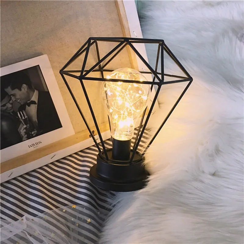 LED Iron Diamond Night Lights Candle Lamp Bar Store Table Desk Bedside Decor Bulb Pink Black Wedding Holiday Fairy Romantic Gift (12)