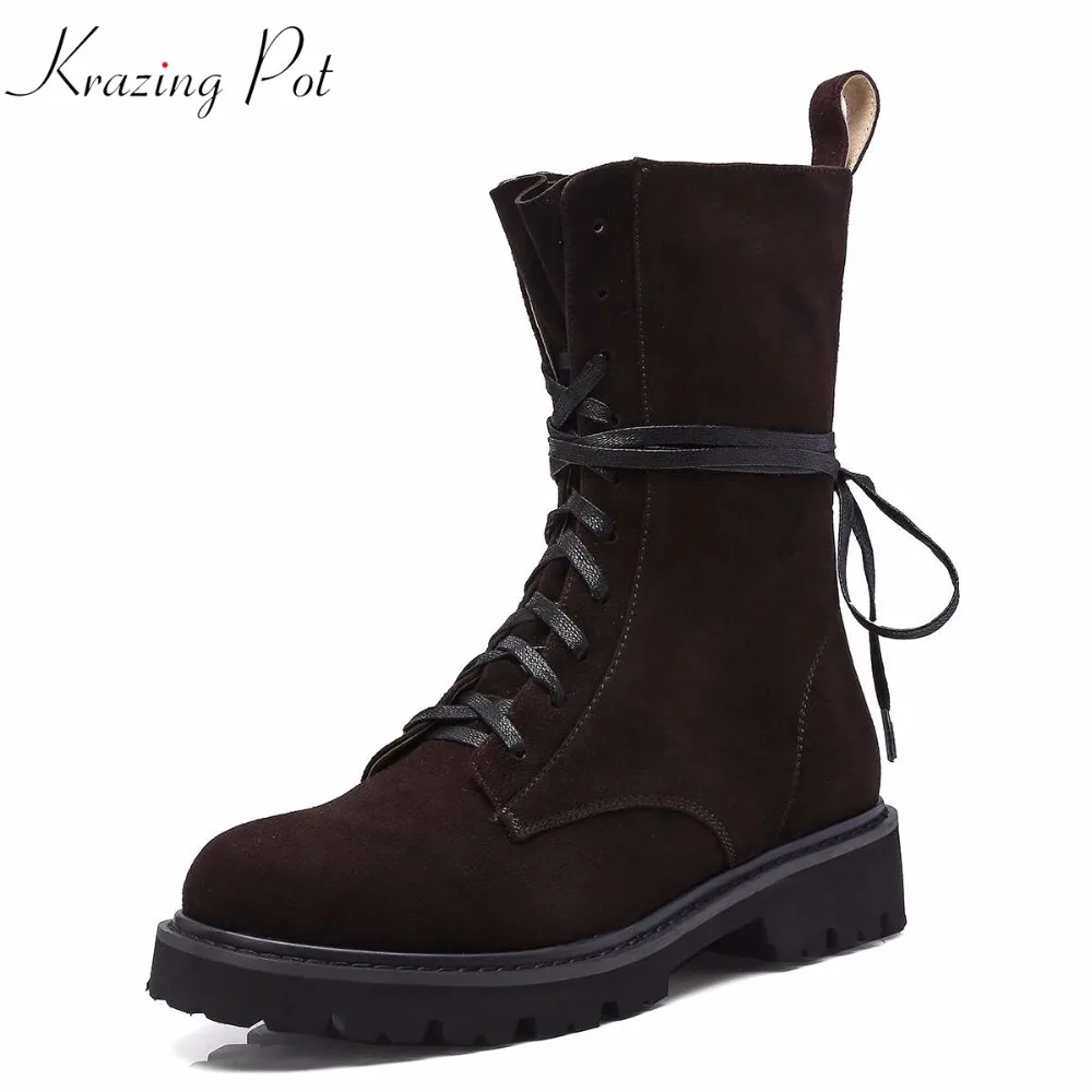 

Krazing Pot recommend kid suede thick heels European design round toe handsome rock punk style cool handsome western boots L9f1