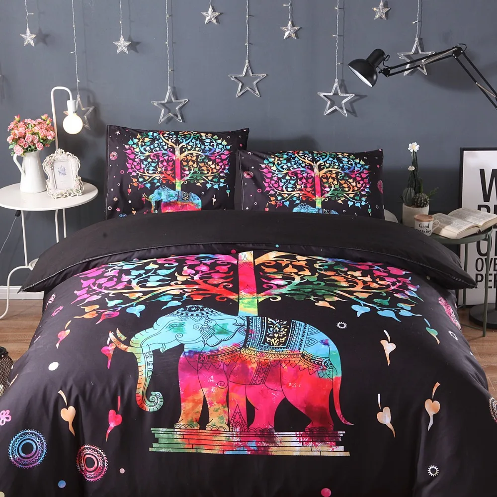 Черный комплект постельного белья с красочным богемным принтом, пододеяльник и наволочка, индийский слон, экзотическое постельное белье разных размеров, Новая мода