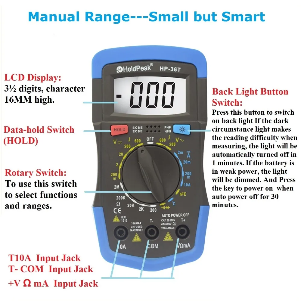 Holdpeak HP-36T ручной диапазон цифровой тестер Professional Мини-мультиметр AC DC напряжение сопротивление нагревательный прибор