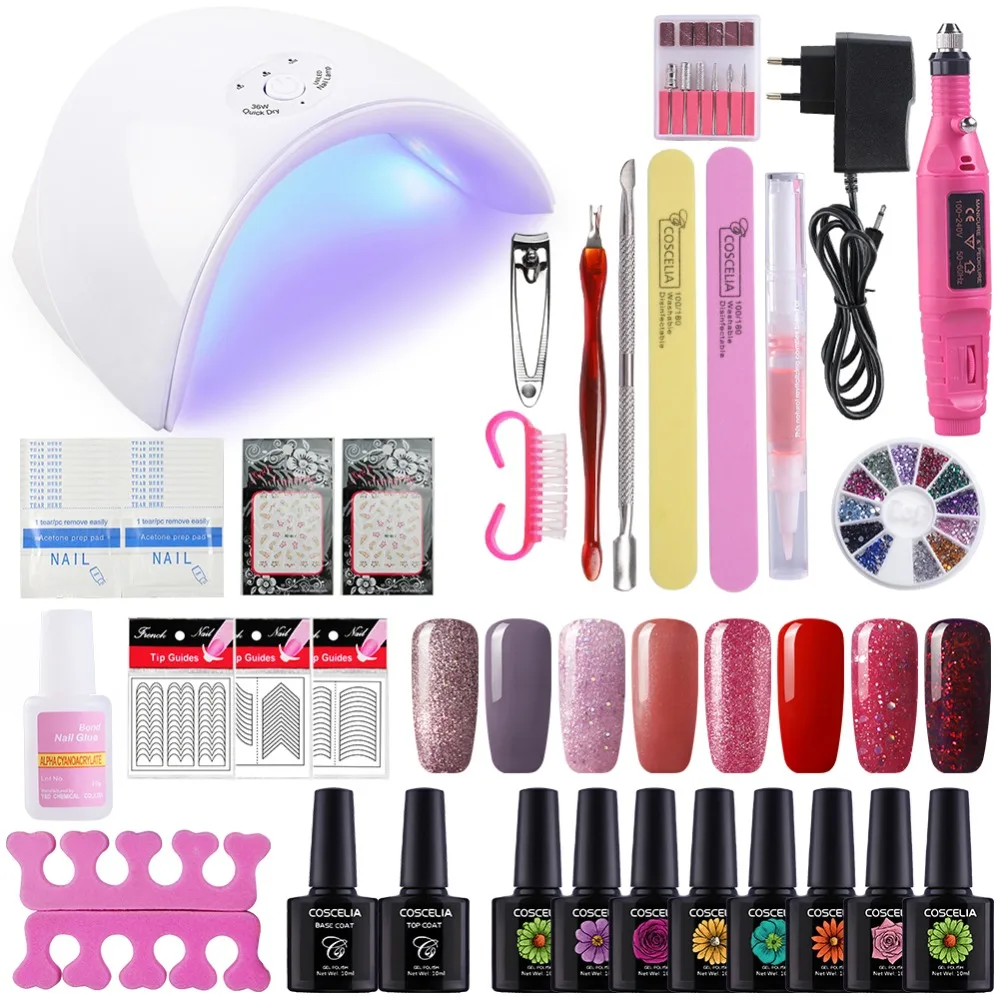

36W UV LED Lamp Dryer 8 Color Gel Nail Polish Kit Soak Off Manicure Set Nail Kit Polish For Art Tools Nail Sets