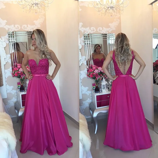 

2015 Evening Dress Fushcia Pearls Backless Appliques V-Neck Chiffon Long Design A-Line Evening Gown With Sash