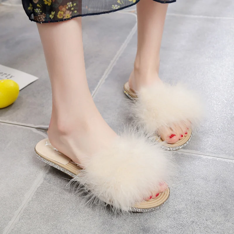 

One word fur slippers female summer wear 2019 new flat bottom wild sandals casual women's shoes slippers flip flops