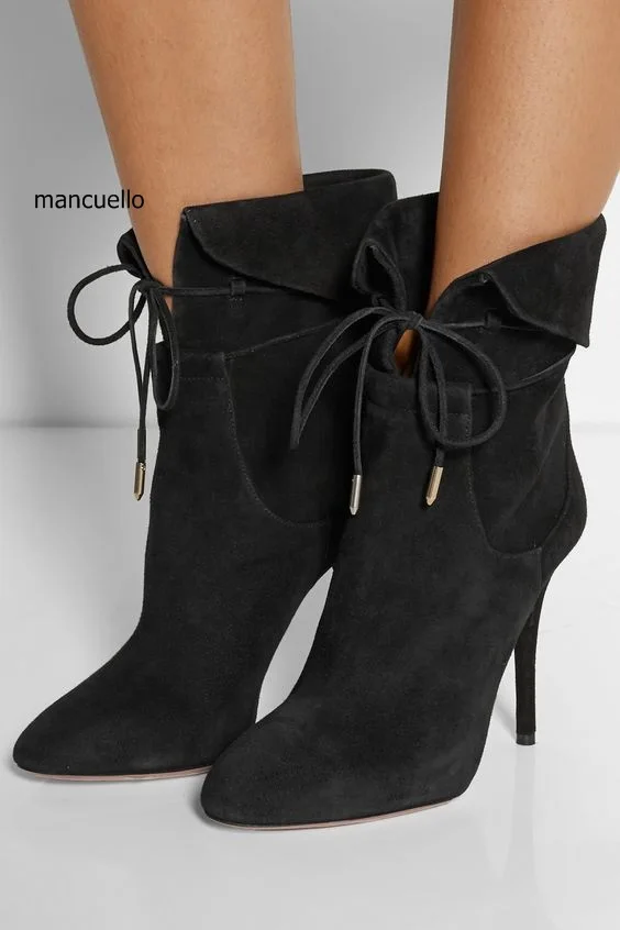 

Women New Fancy Design Turned-Over Edge Ankle Boots Grey Suede Thin High Heel Lace Up fashion Short Boots New Arrival HotSelling