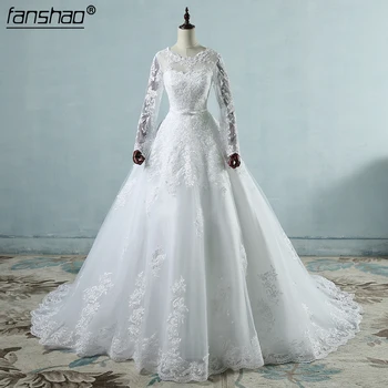

Sexy Bride Dresses Wedding Gowns Pearls Princess Long Sleeve Wedding Dresses Sheer Tulle Back
