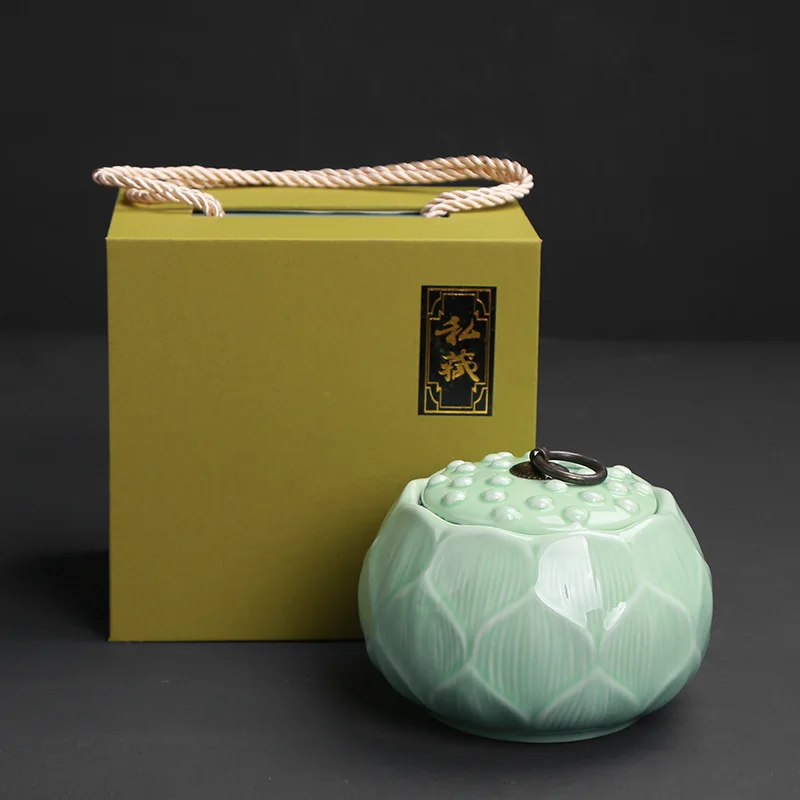 

Private Celadon Tea Canister Gift Box Single Canister Gift Box Sealed Storage Ceramic Two-and-a-half catty Storage Canister