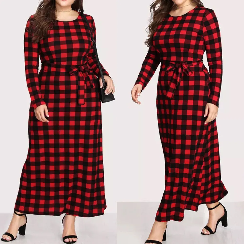 Women's Dresses Fashion Womens Large Size Long Sleeve Plaid Ankle Length Dress Party Dress Casual red Clothing women's clothing