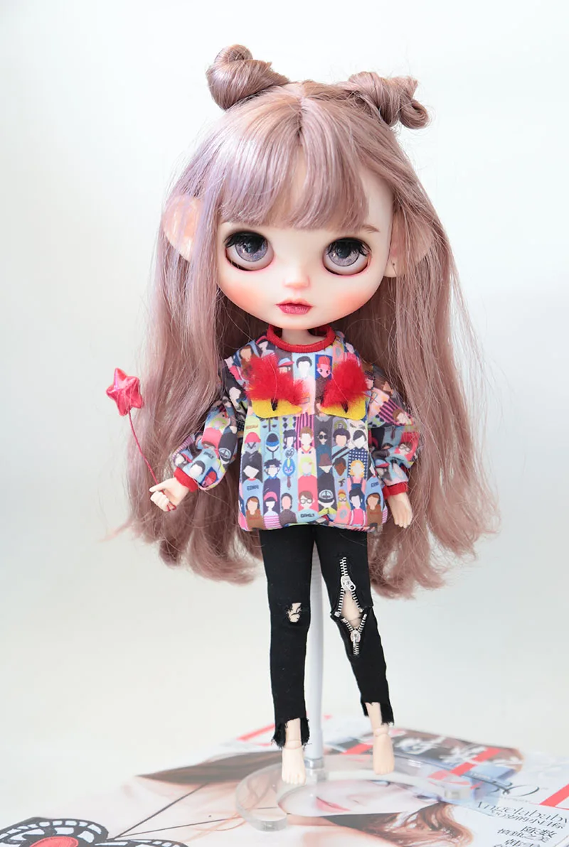 Cool Fashion Doll’s Clothes Printed Shirt Hoodie Black Ripped Denim Pants for blyth azone OB24 Dolls Accessory clothes for dolls