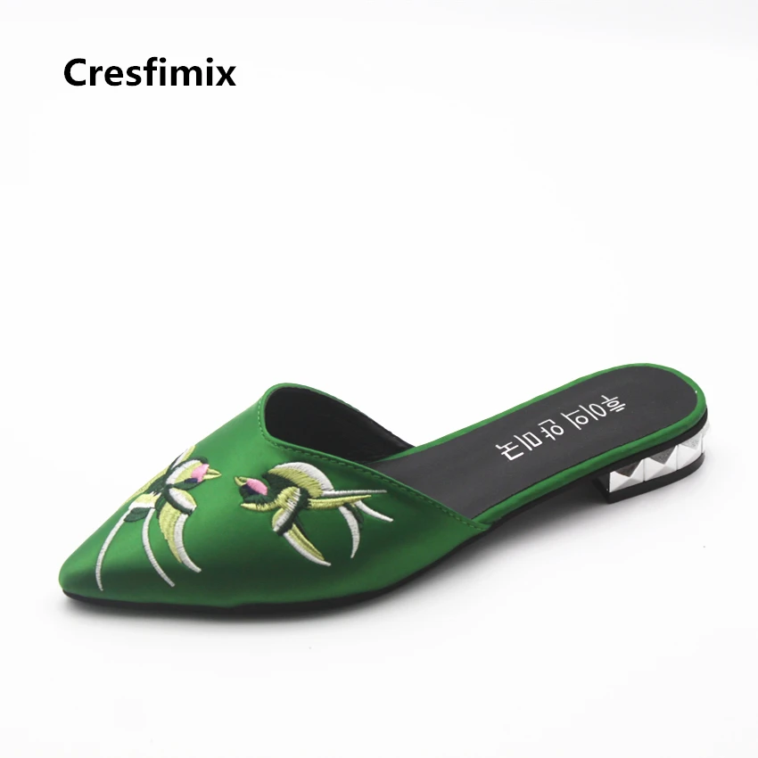 

Cresfimix sandalias de mujer women fashion pu leather green sandals lady casual floral printed pointed toe sandals cool sandals