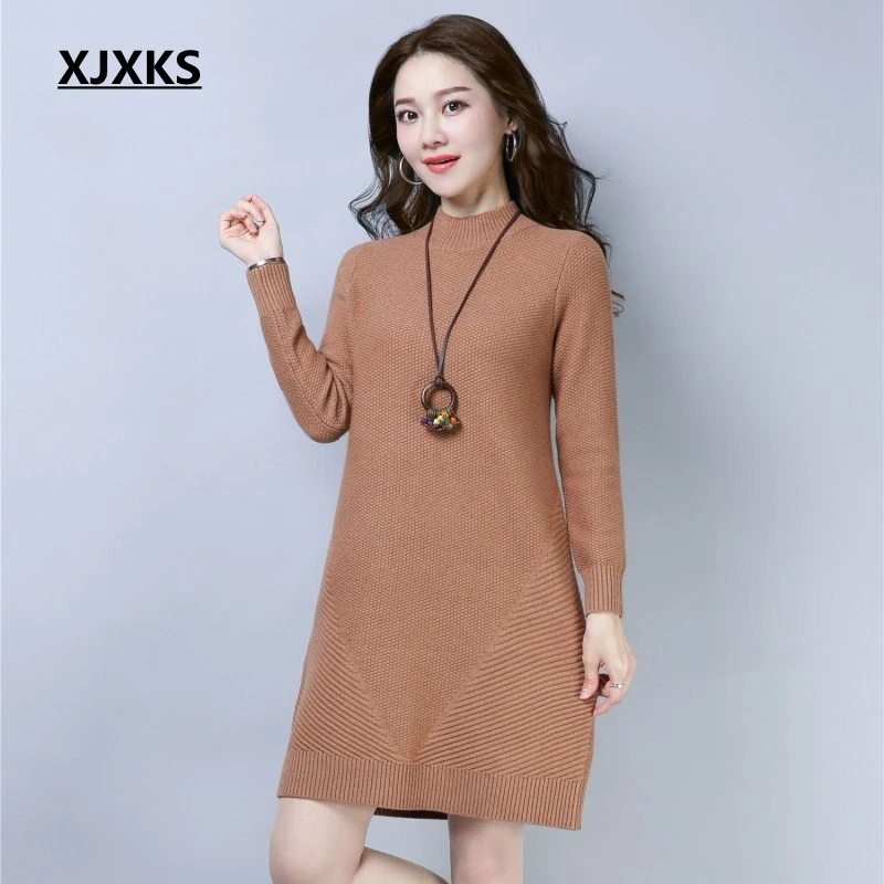 

XJXKS Winter 2018 New Women Sweater Dress Thick Warm Comfortable Pure Color Long Sleeved Ulzzang Womens Pullover Long Sweaters